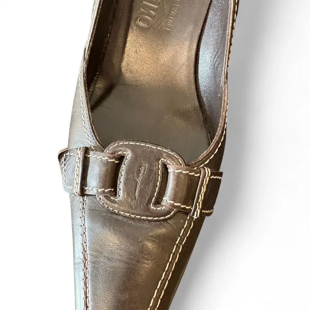 Ferragamo vintage Y2K chocolate brown leather kitten heels sz 8
